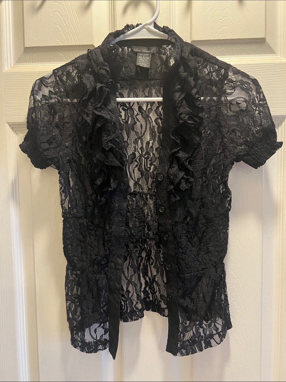 Women’s Black Lace Ruffle Short Sleeve Blouse